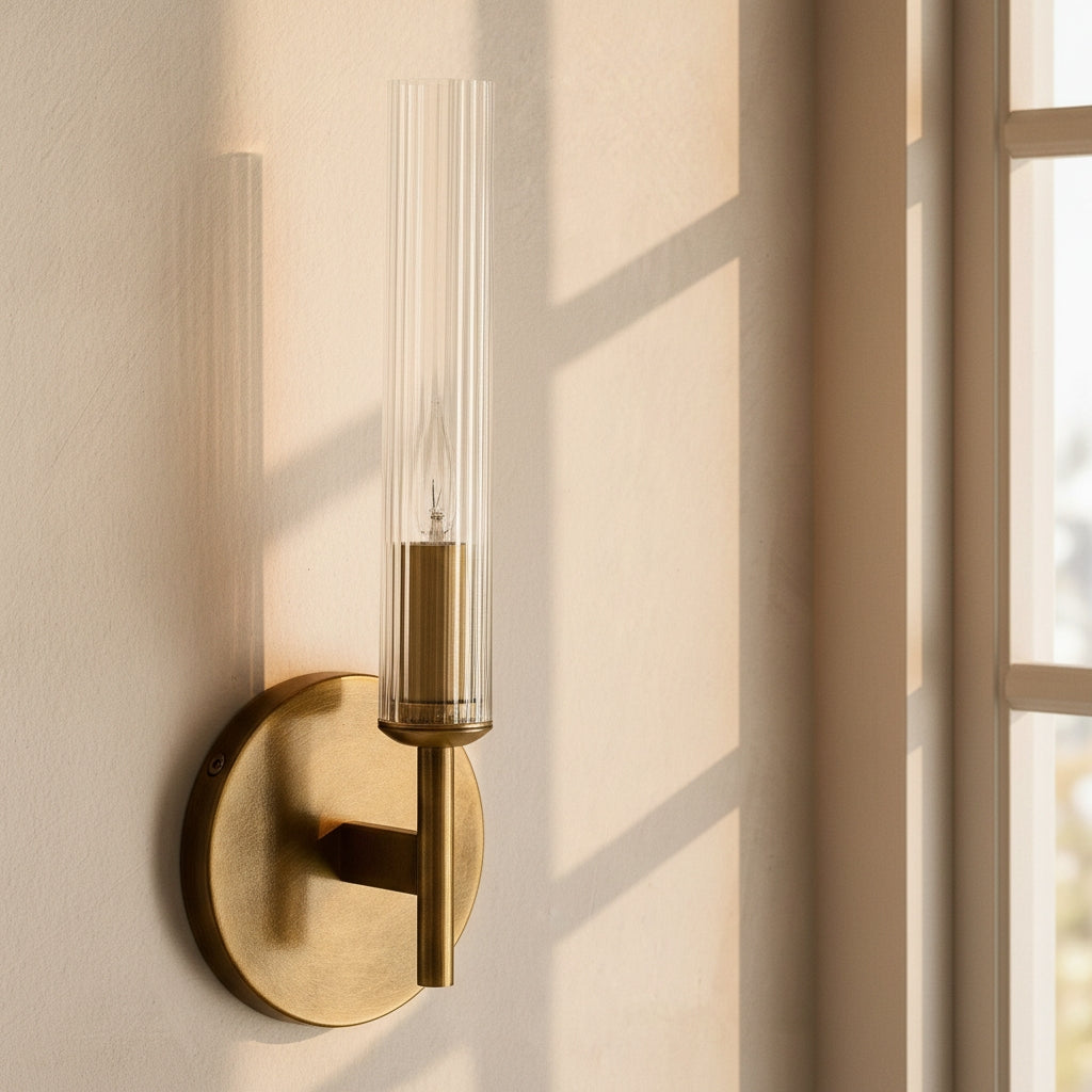 Veylan Farmhouse Cooper Ribbed Glass Tube Sconce