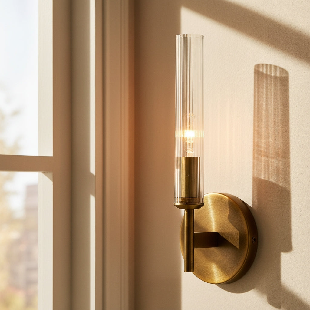 Veylan Farmhouse Cooper Ribbed Glass Tube Sconce
